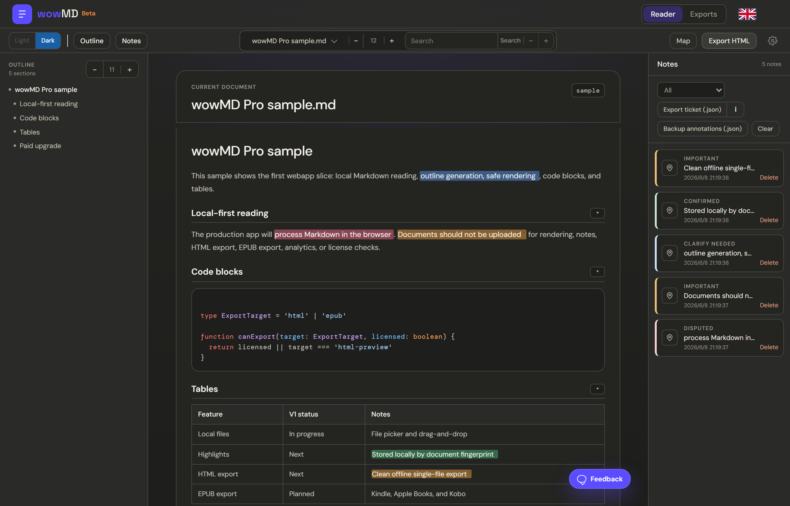 Typed highlights in the document and notes panel with Export ticket option